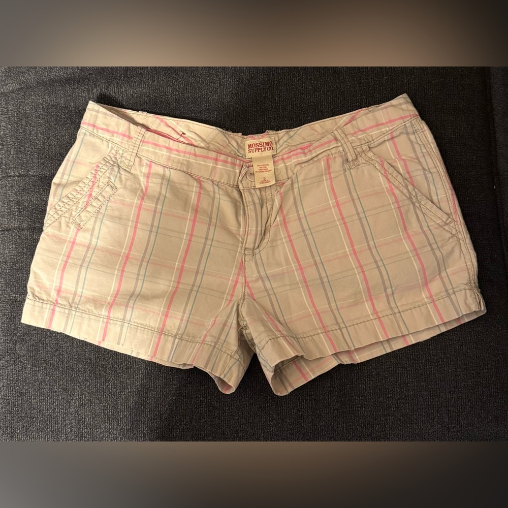 Mossimo Supply Co. Tan Plaid Shorts with Pink & Light Blue Stripes